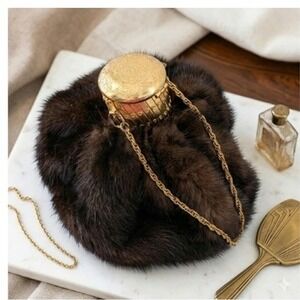 Vintage 50s Whimsigoth Mink Fur Accordion Gate Top Evening Bag Brown
